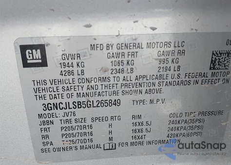 2016 Chevrolet Trax Lt from USA, damaged, VIN 3GNCJLSB5GL265849